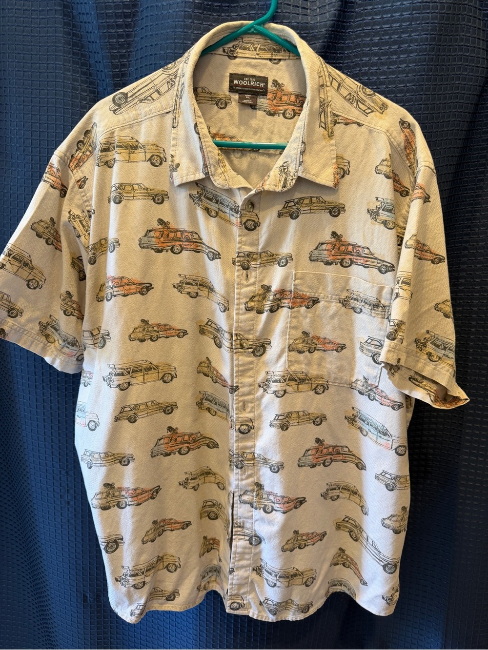 Woolrich Beige Short-Sleeve Button-Down with Vintage Car Print